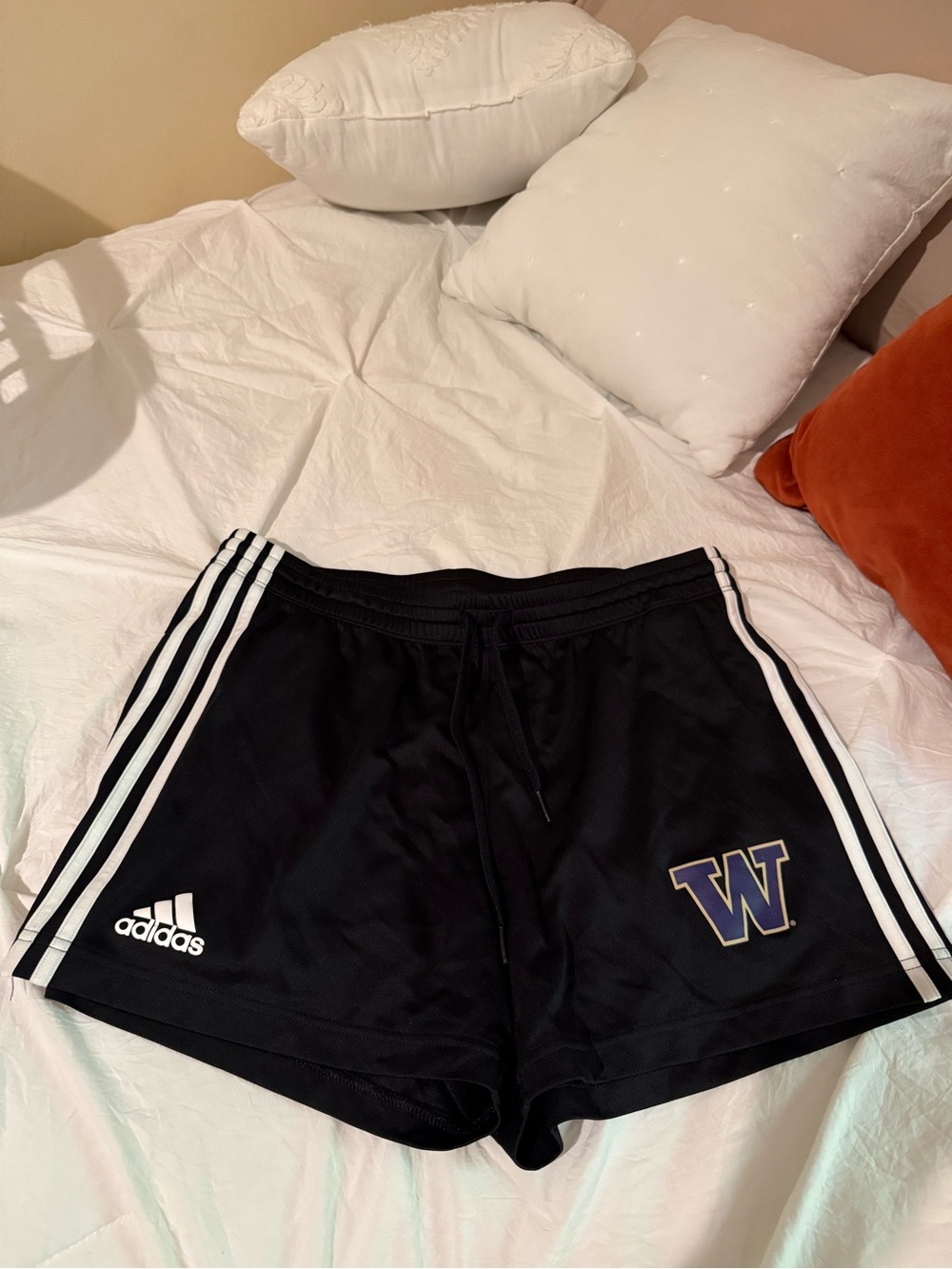 Adidas Black Athletic Shorts with White Stripes and Purple 'W' Patch